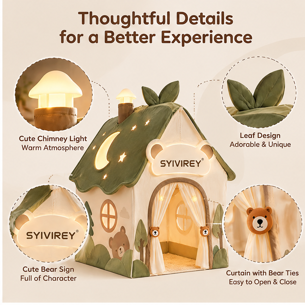 🥥SYIVIREY® Woodland Bear Cottage Kids Play Tent