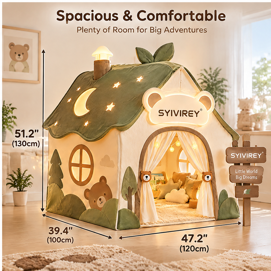 🥥SYIVIREY® Woodland Bear Cottage Kids Play Tent